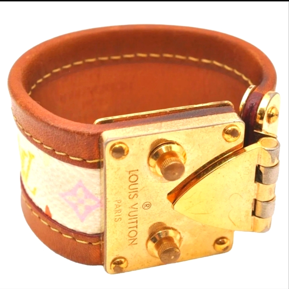 Auth Louis Vuitton Multicolor Monogram White Leather BRACELET LV 7"